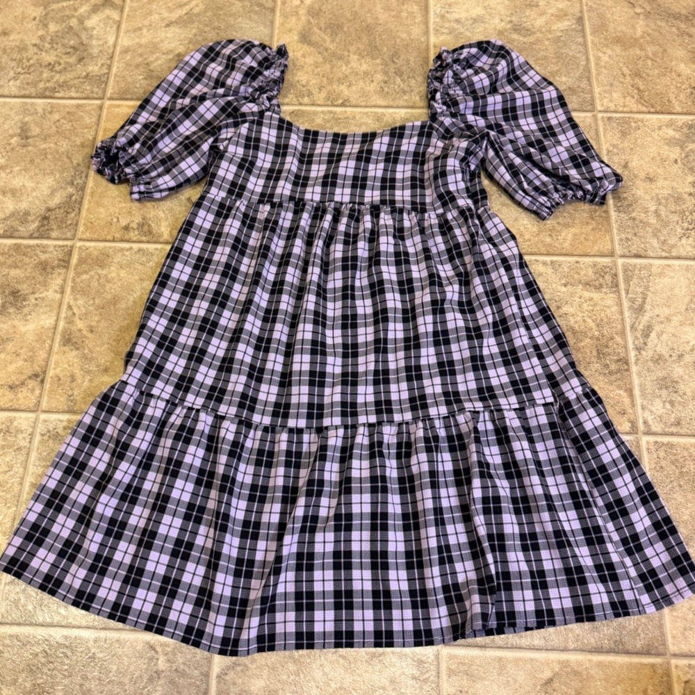HM Divided Purple Black Plaid Puff Sleeve Babydoll Tiered Mini Dress Small